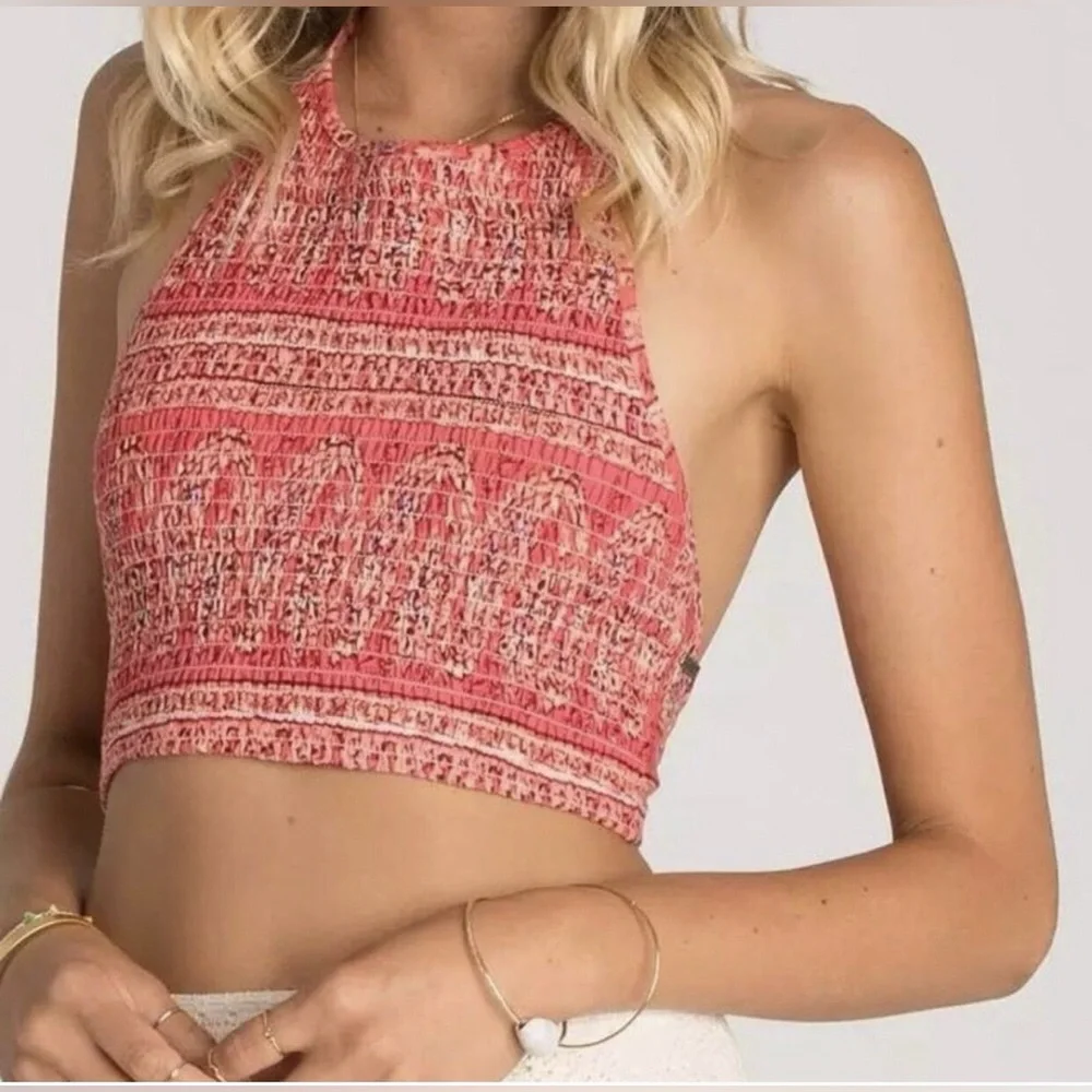 Billabong Pink Patterned Crop Top Open Back - Picture 1 of 5